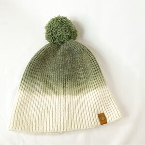 FRYE & CO Knit Pompom Stocking Winter Cap Hat Green & Cream Colorblock Dip Dye